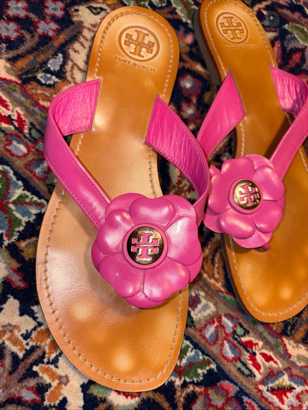 Tory Burch Pink Leather Breeley Floral Flip Flop Sandals 10 M - Picture 2 of 5